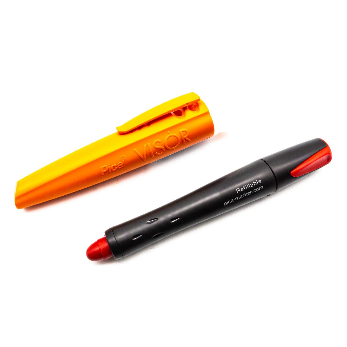 Pica Visor Permanent Long-life Industrial Red Marking Crayon on wood surface, angled view