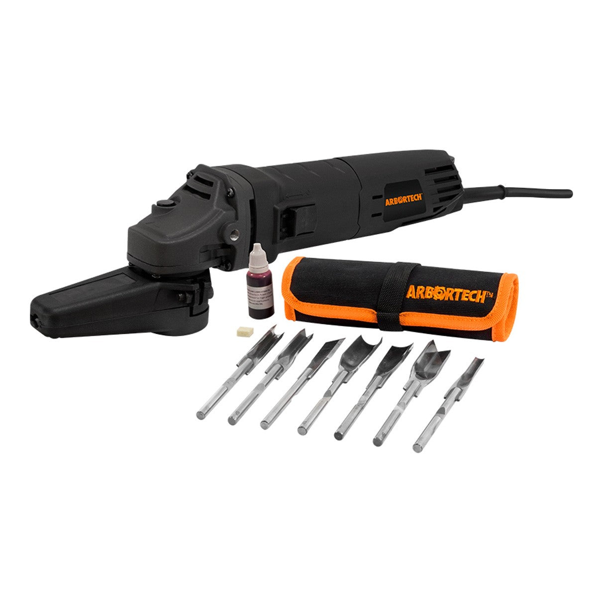 Arbortech Set of 7 Power Chisels for Angle Grinder Power Carving, featuring a selection of chisels in a chisel pouch