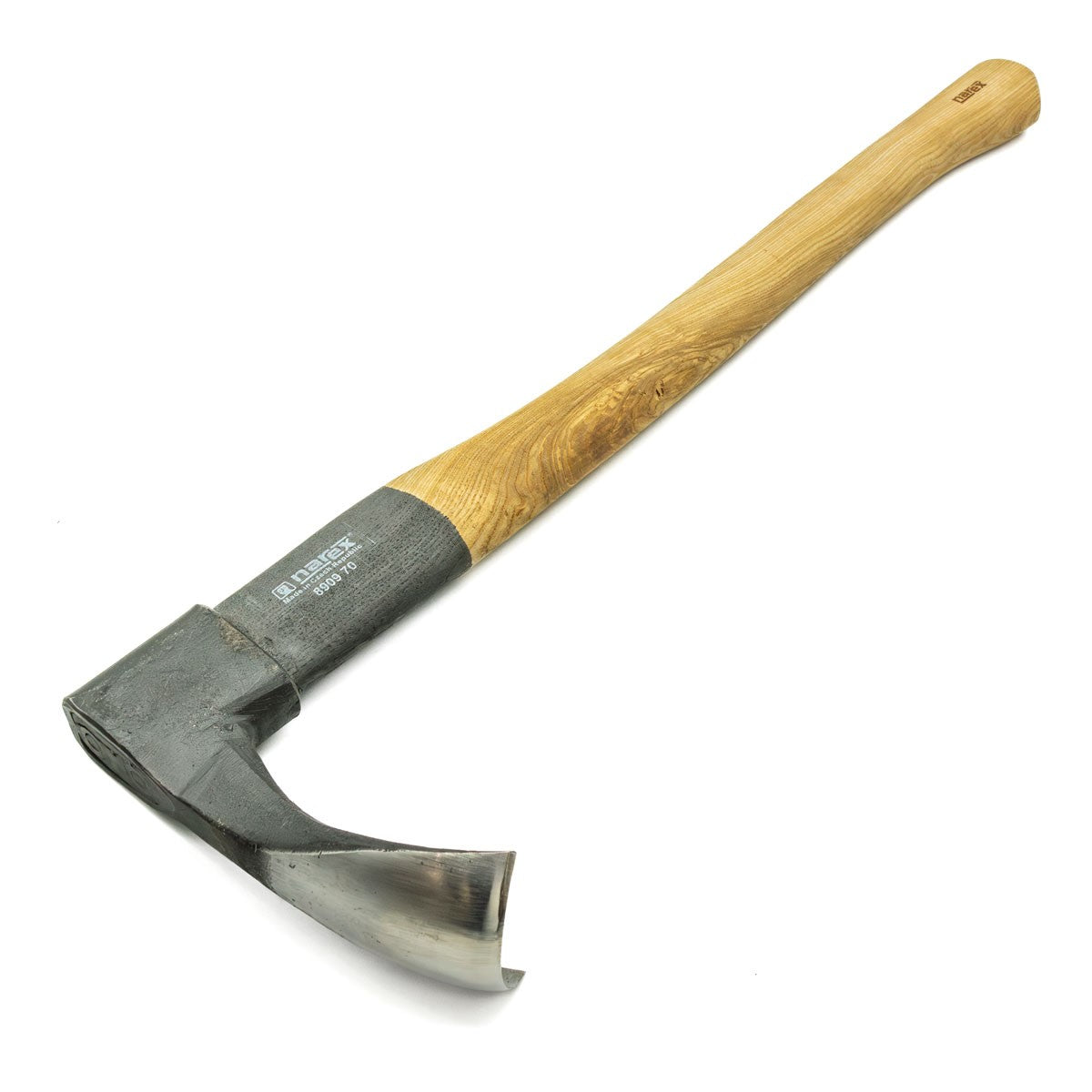 Narex Large Adze with 70mm blade width and 620mm handle, shown with leather sheath
