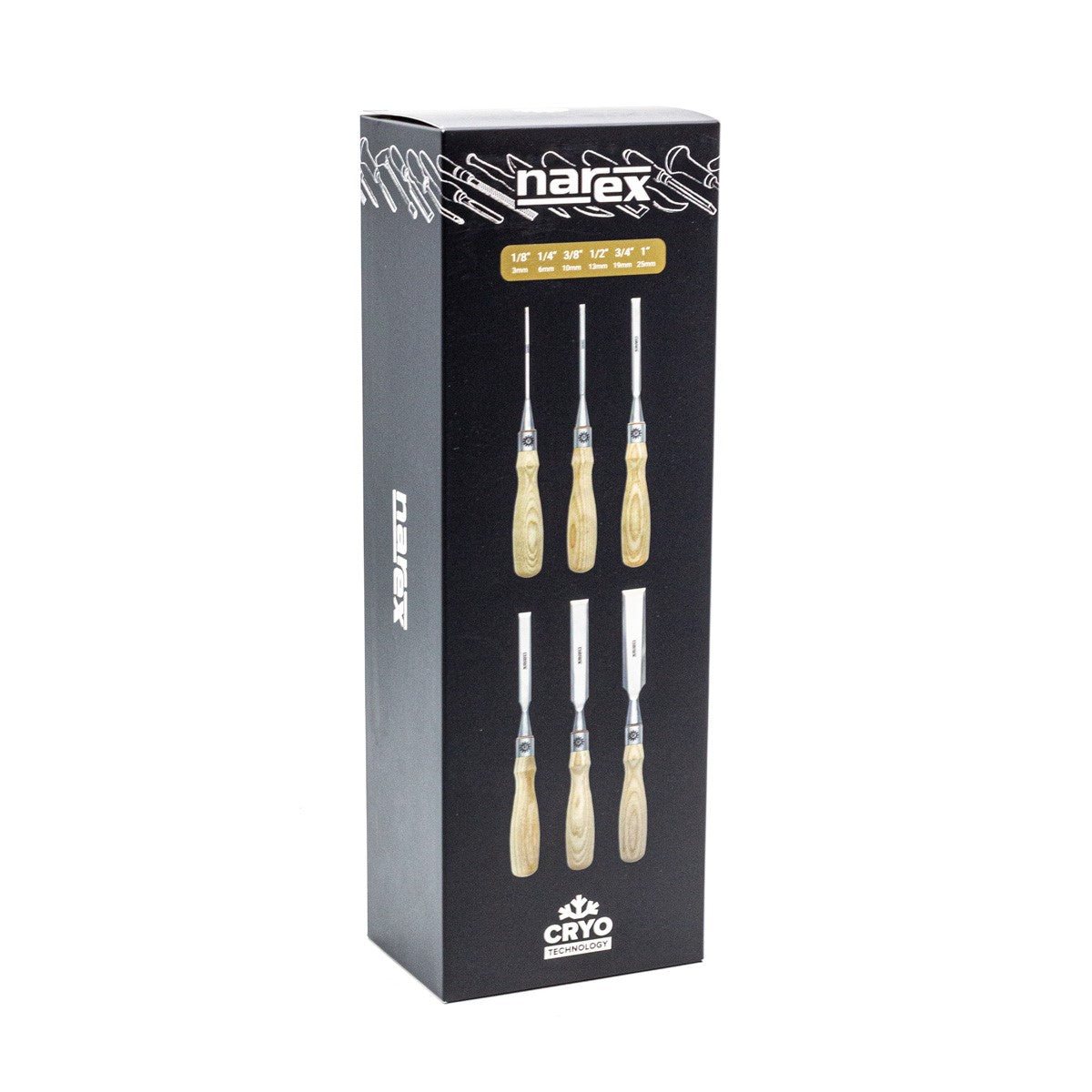 Narex Set of 6 Cryogenic Steel Chisels in Canvas Roll, angled view showing bevel edge and Richter chisel handles
