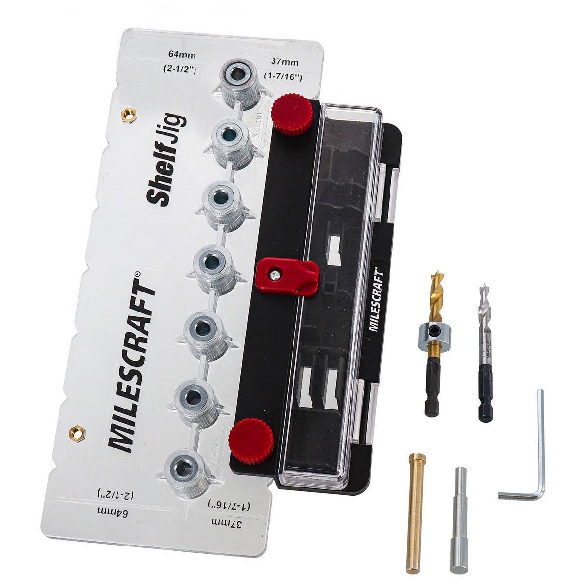 Milescraft ShelfJig shelf pin hole positioning jig in use on wood board