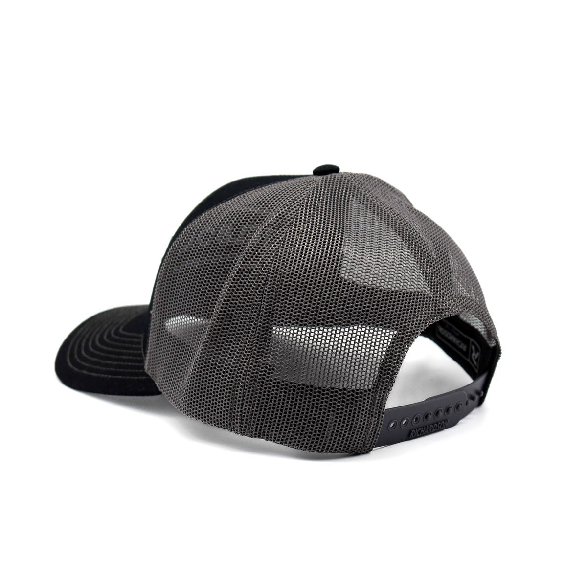 Melbourne Tool Company Black & Charcoal Trucker Cap with white embroidered logo, adjustable strap, and pre-curved visor
