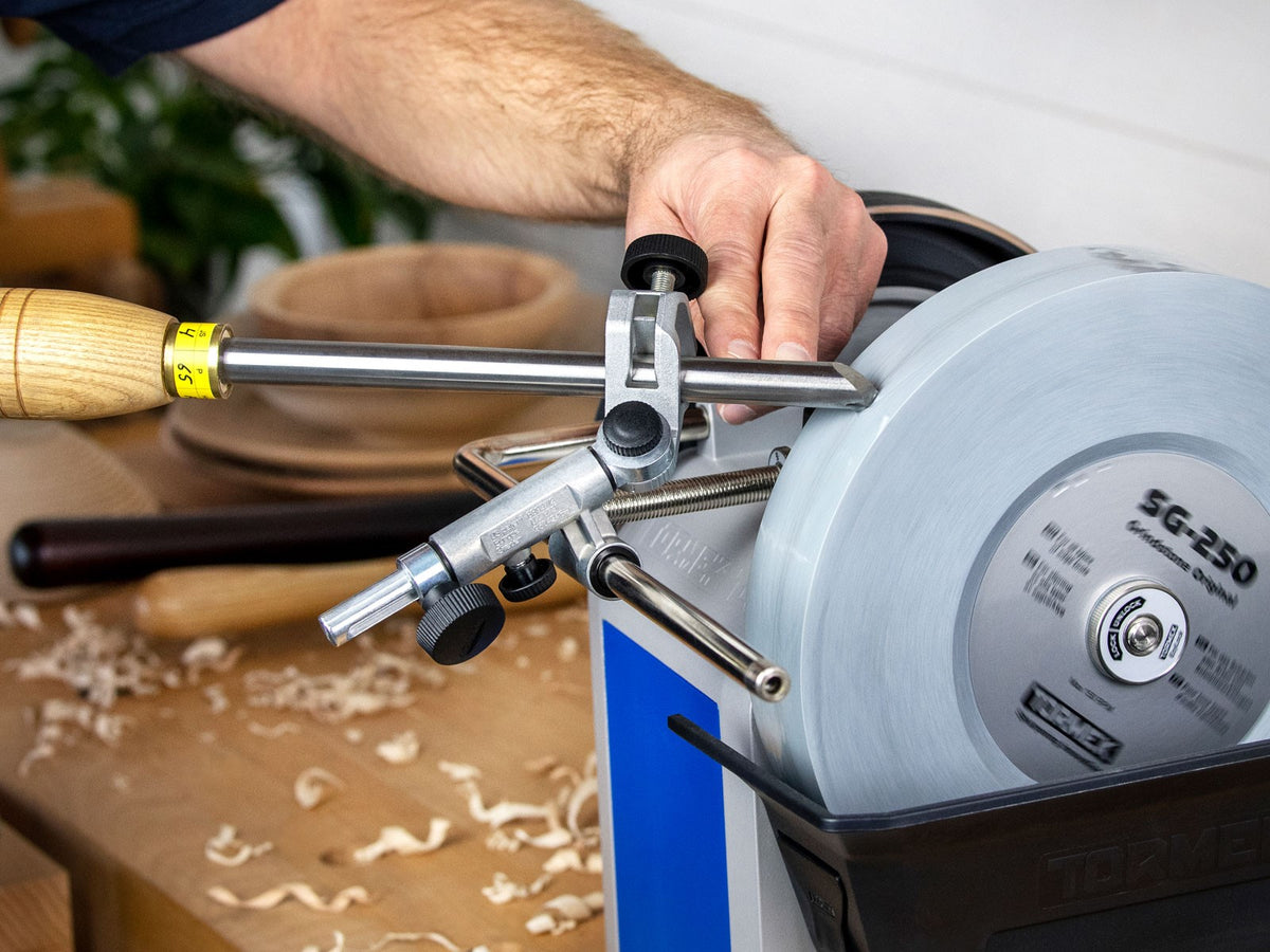 Tormek Wetstone Grinder Gouge & Turning Tool Jig in use, showcasing precision and efficiency for woodworkers