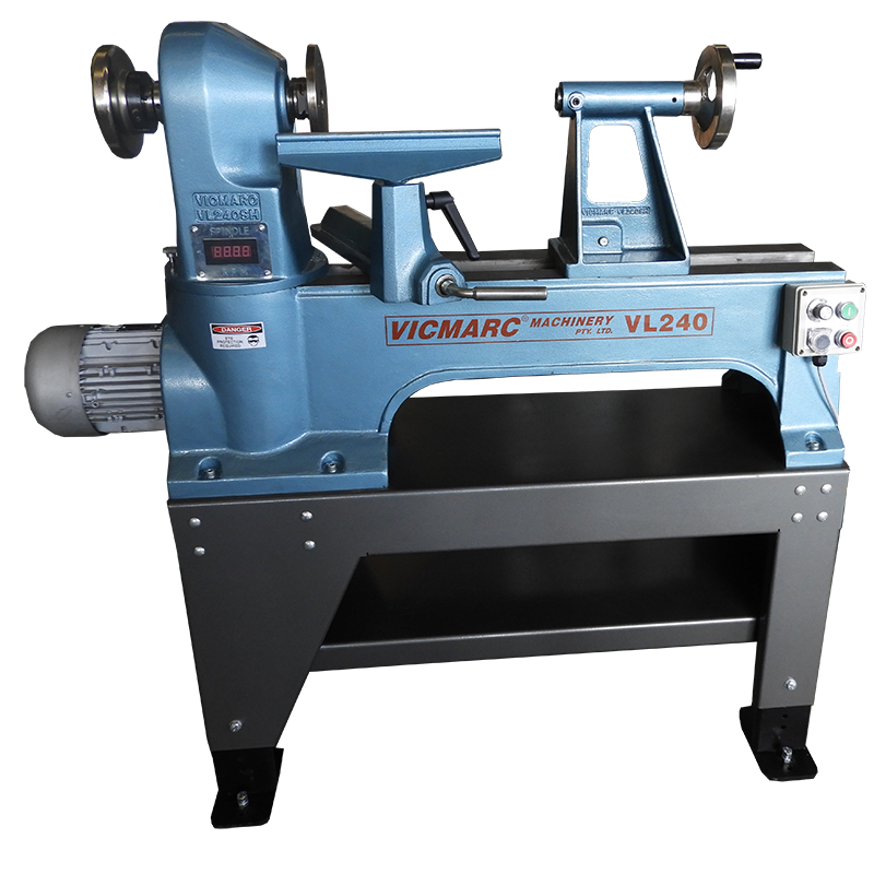 Vicmarc VL240 Wood Lathe with Adjustable Stand Mount 2HP EVS showing swivel head feature and pin-lock positions