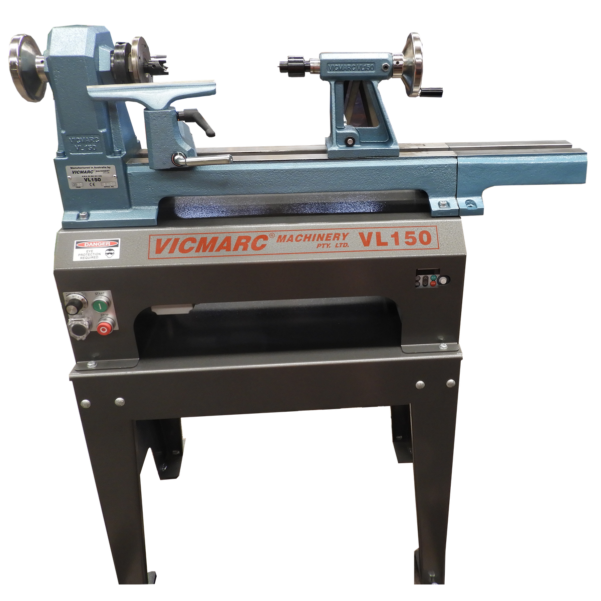 Vicmarc VL150 250mm Extension Bed mounted on VL150 SM lathe without support leg. Two M10 bolts with hardened bushes included
