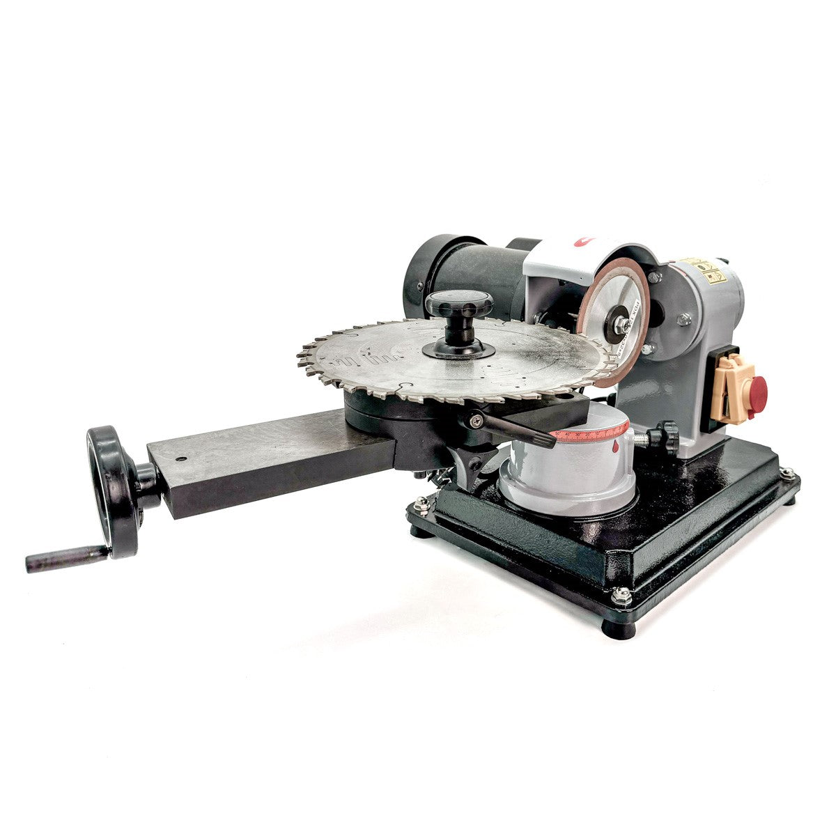 Baladonia Circular Saw Blade Sharpener with Diamond Wheel in use on circular saw blade