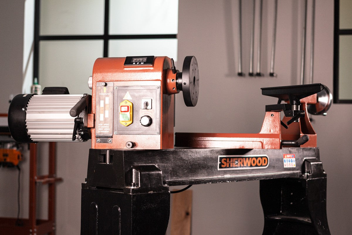Sherwood Maxi EVS Wood Lathe 400mm Swing 1500W 2HP with Stand in workshop setting