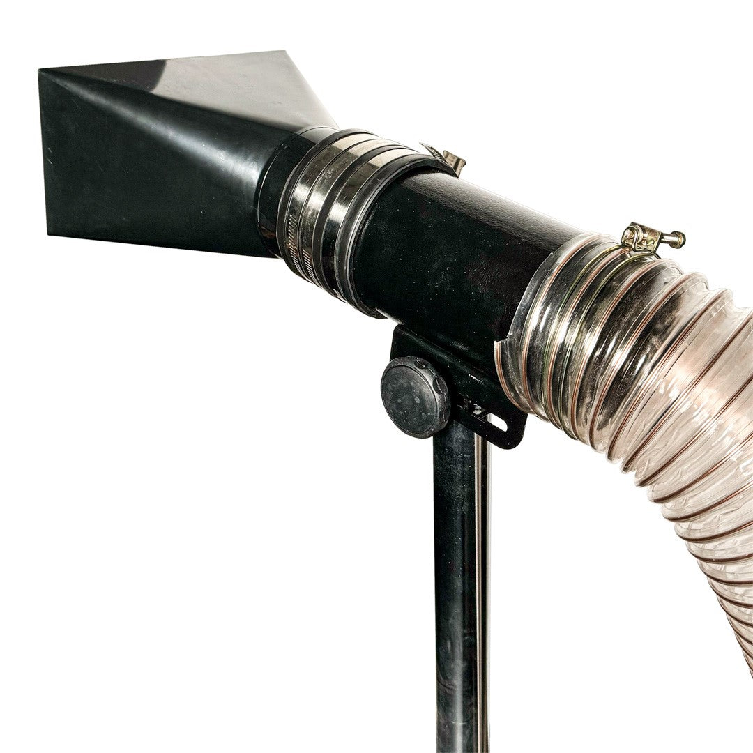 Sherwood Dust Extraction Hood Stand Variable Height 4in Duct in use capturing dust at workshop source