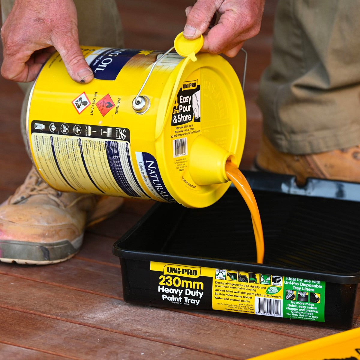 UniPro No-Drip Paint Pourers in action, preventing paint spills and promoting efficiency for Australian woodworkers