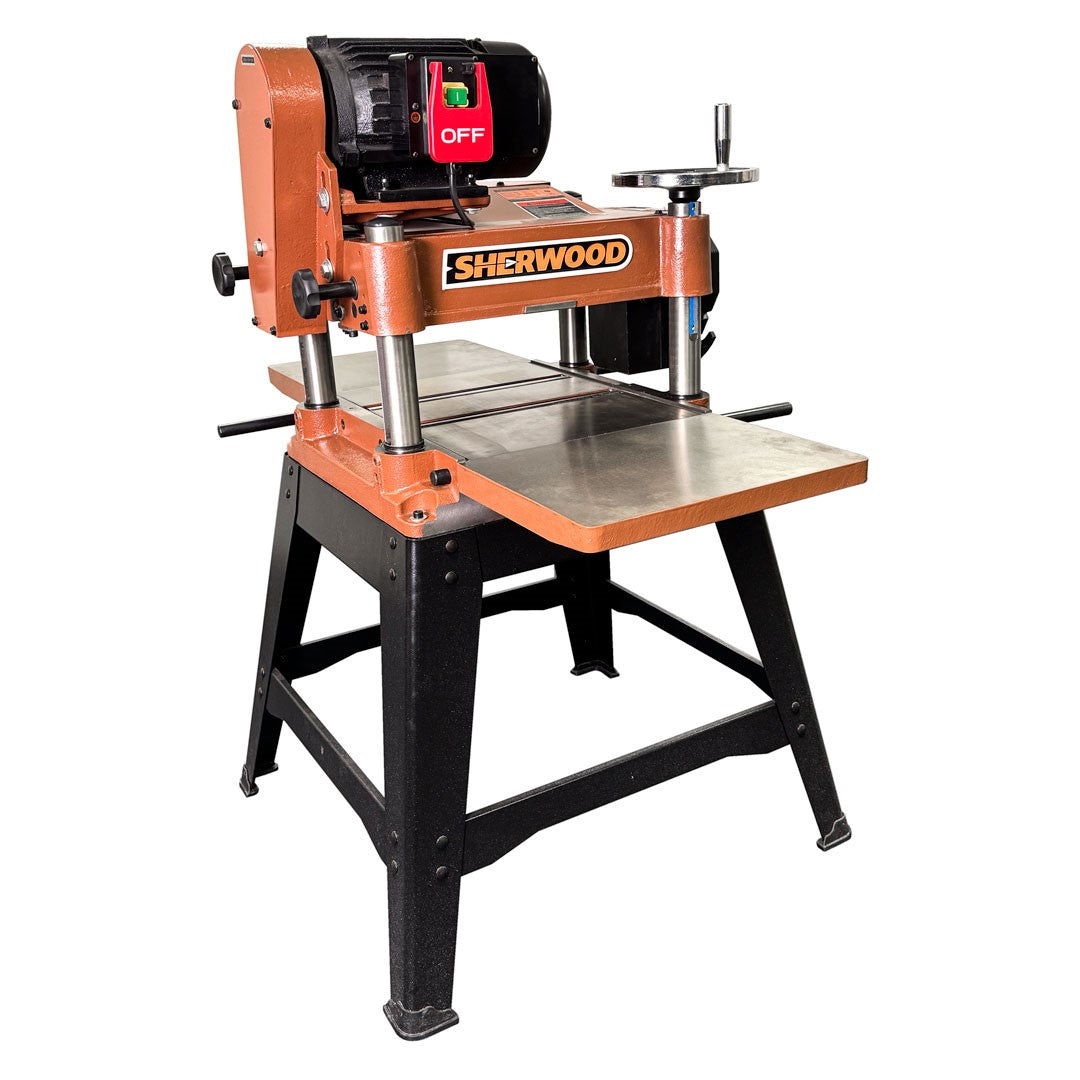Sherwood 15in Heavy-Duty Portable Thicknesser showcasing overhead-mounted motor and sturdy construction