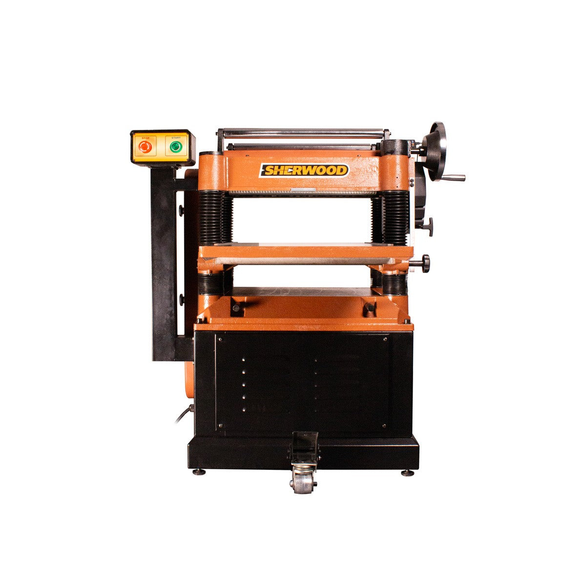 Sherwood 20in Industrial Thicknesser with helical cutterhead in action for precise woodworking results