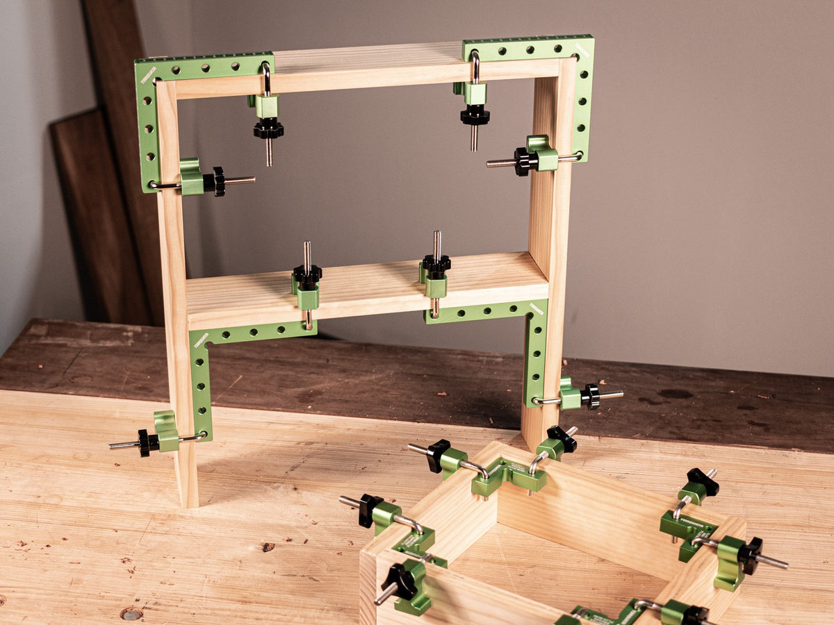 Torquata Corner Clamping Squares and Clamps Set 59mm and 140mm in use on woodworking project