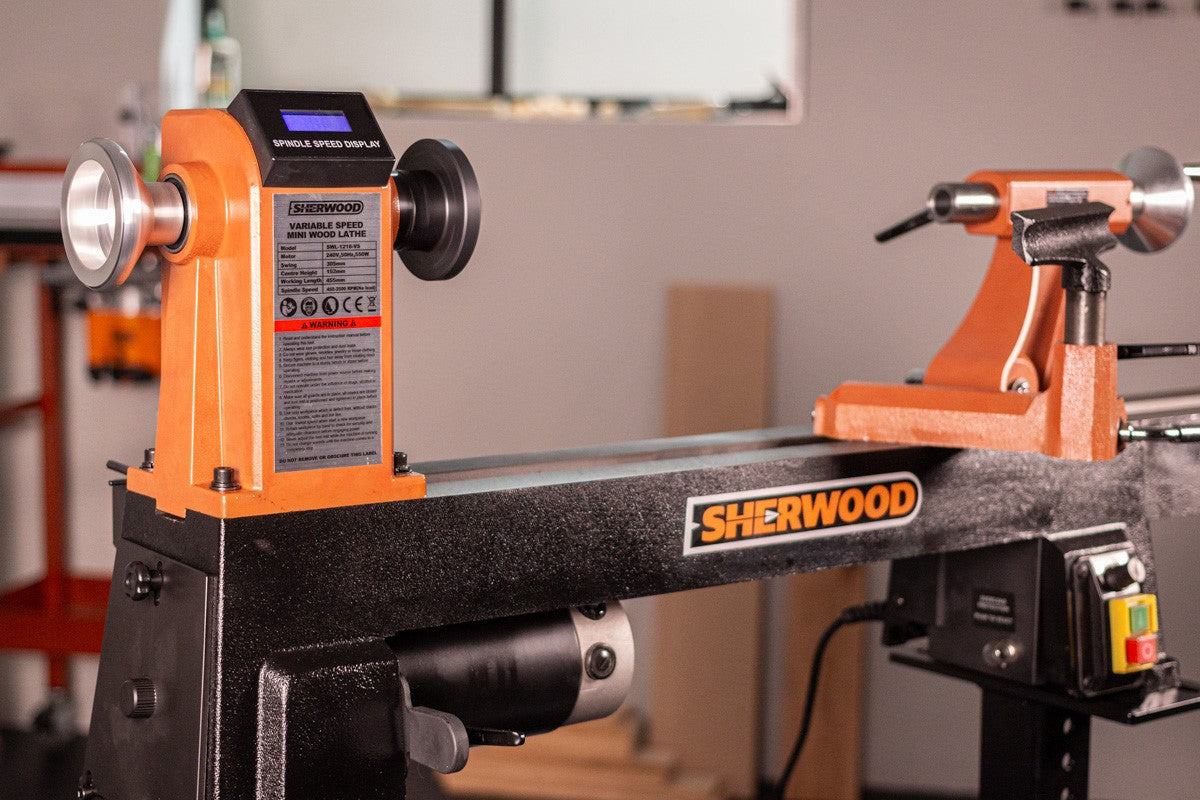 Sherwood Mini Wood Lathe in workshop setting, showcasing variable speed feature