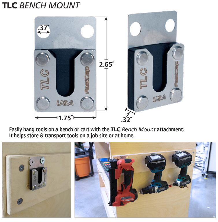FastCap TLC Tool Bench Mount hanging tools on vertical surface with TLC Cam Insert