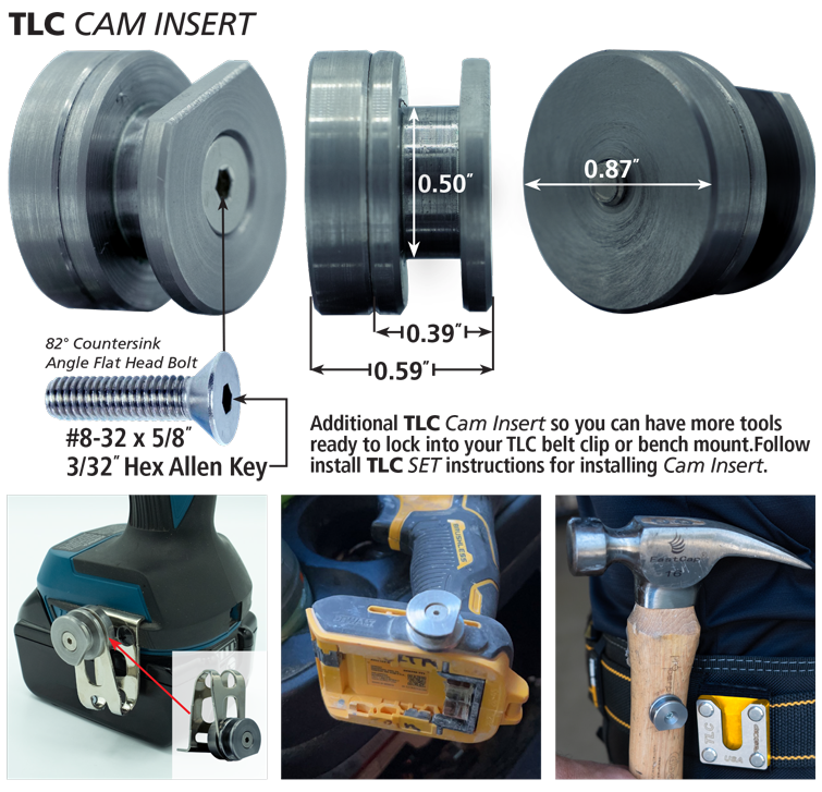 FastCap TLC Cam Insert being installed on a tool for secure locking in a TLC Belt Clip or Bench Mount