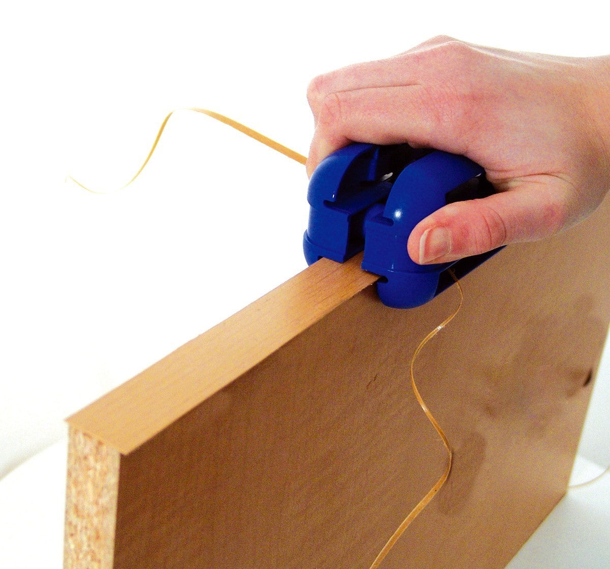 FastCap FastEdge Set edge banding toolkit showing SpeedRoller Pro and Flush Cut trimmer in action