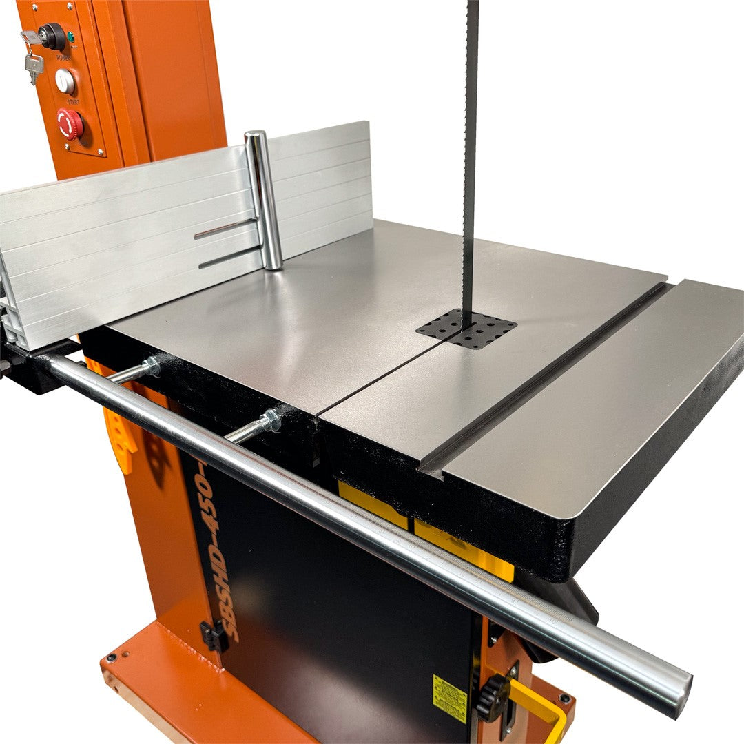 Sherwood 18in Heavy-Duty Bandsaw showing angled view of the blade tensioning system