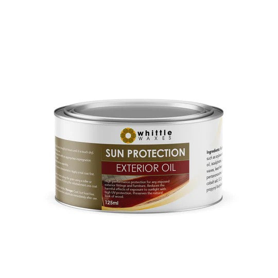 Whittle Waxes Sun Protection Exterior Oil UV Resistant Clear Finish 125ml bottle in mockup setting