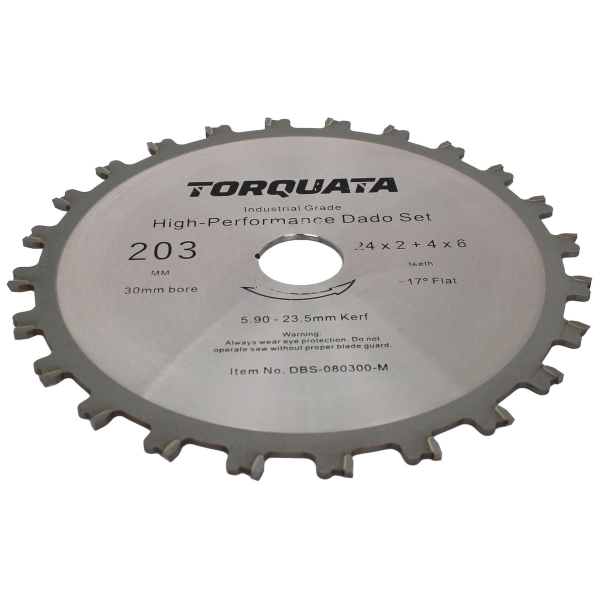 Torquata 8in Metric Dado Saw Blade Set with Shims and Chippers, angled view showcasing precise cutting edges