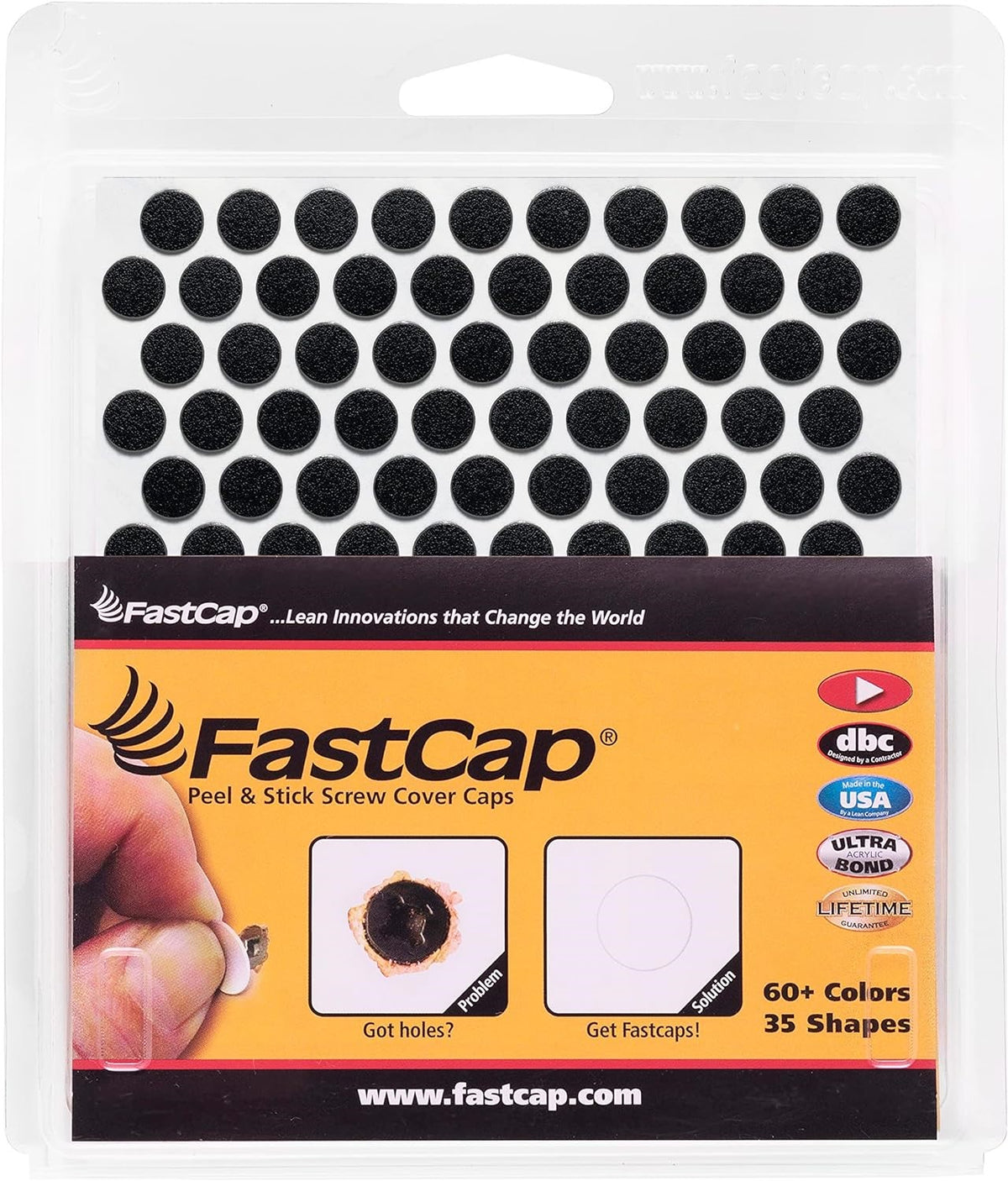 FastCap black PVC self-adhesive screw cover caps in mini box of 265 caps, angled view