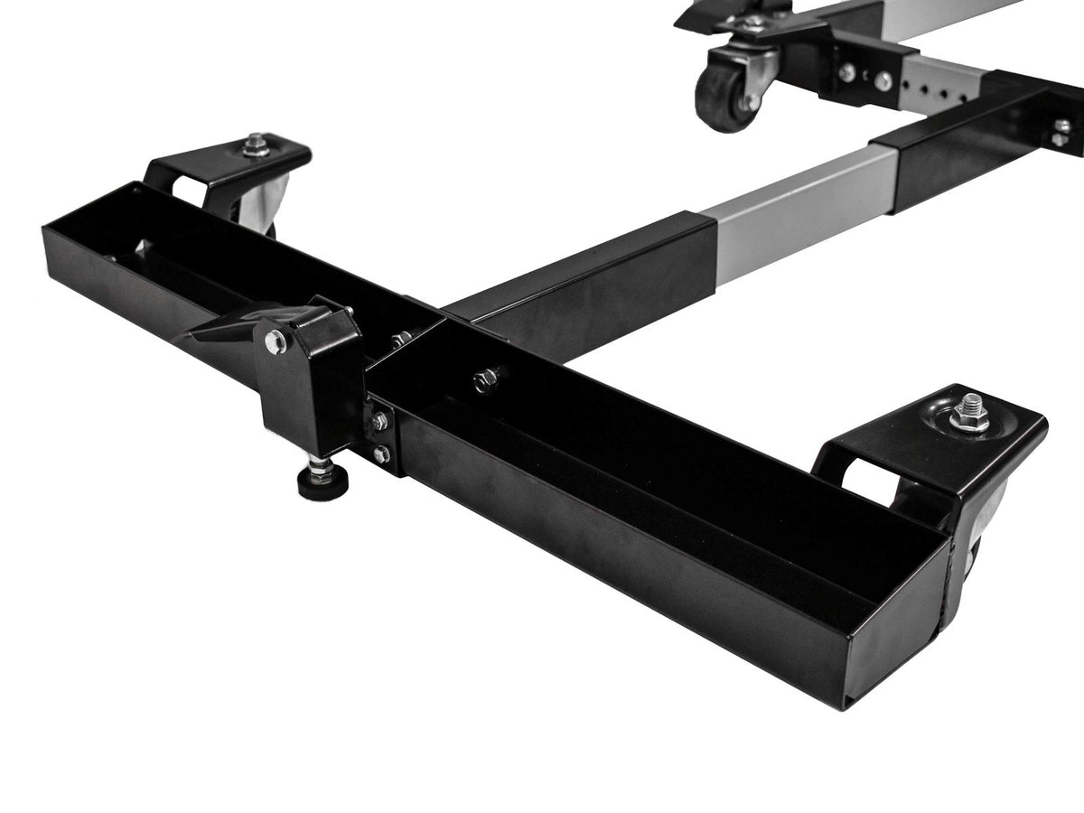 Sherwood Heavy Duty 680kg Mobile Machine Base with Table Saw Extension Set, showcasing the six swivel wheels and high weight capacity