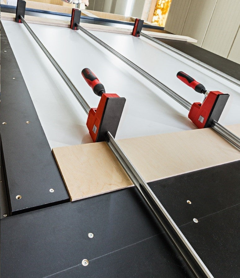 Bessey K-Body Revo Parallel Clamps 1000mm: Close-up detail of jaw faces and handles in use on woodworking project