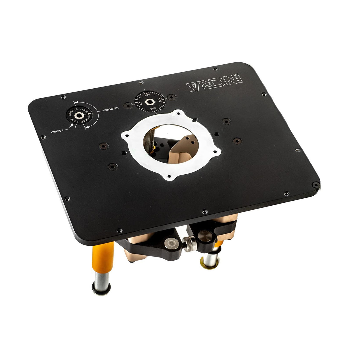 Incra MAST-R-Lift II Router Lift on table with Sherwood 1800W router motor attached