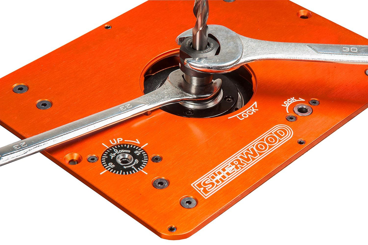 Sherwood Router Lift & Mounting Plate with Water-Cooled Motor Kit in action, showcasing precision woodworking capabilities