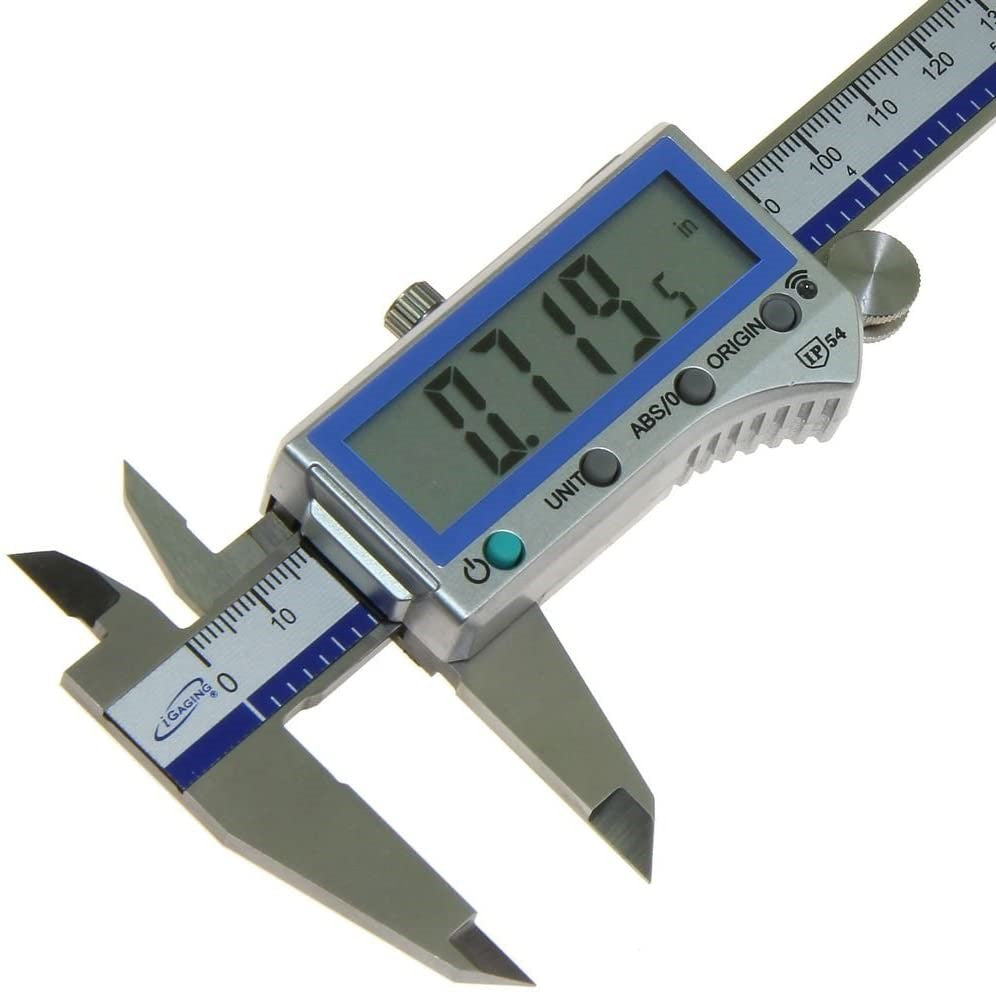 iGaging OriginCal Smart Wireless Digital Vernier Calipers in action, transmitting measurements via Bluetooth