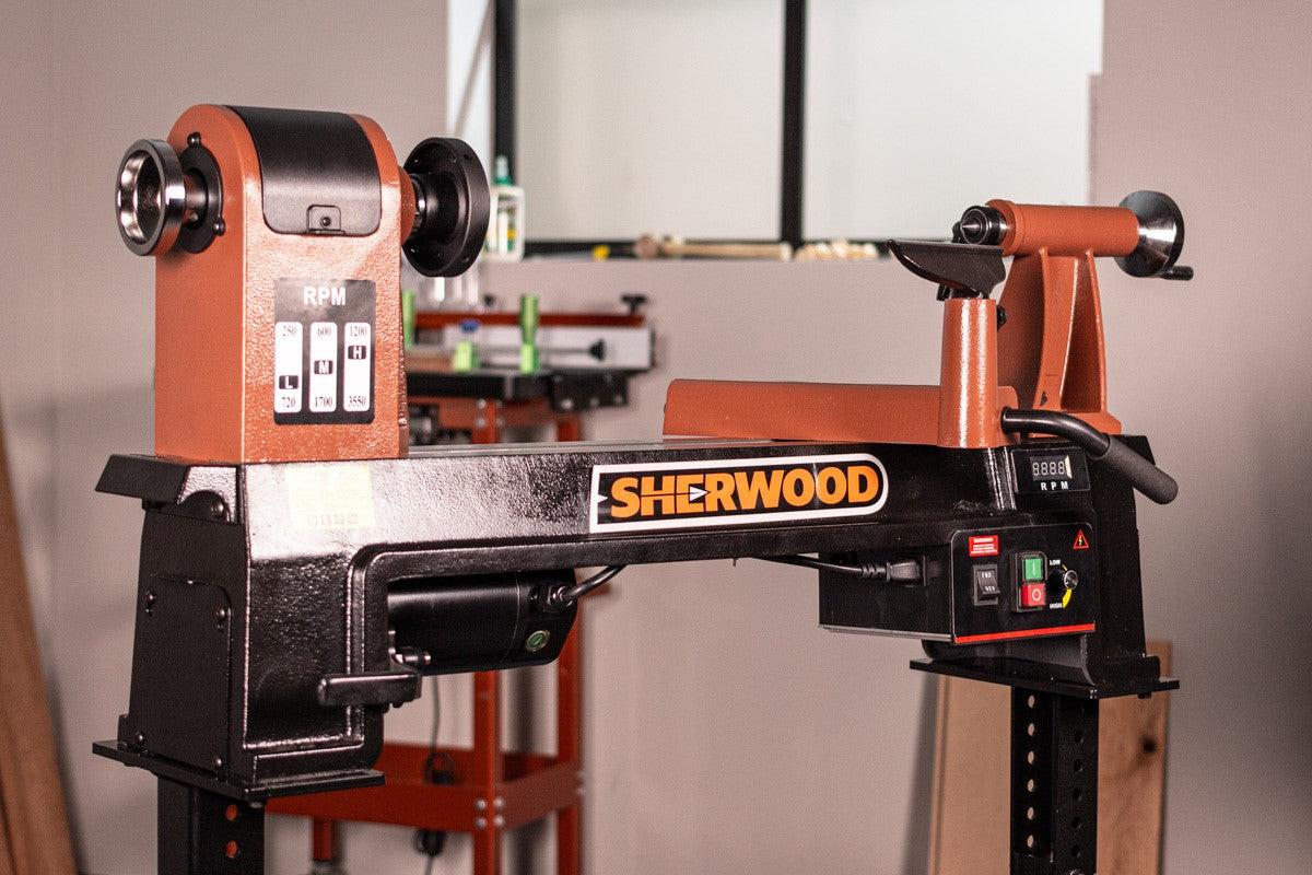 Sherwood Midi Wood Lathe 350mm Swing 750W 1HP Variable Speed in use on workbench