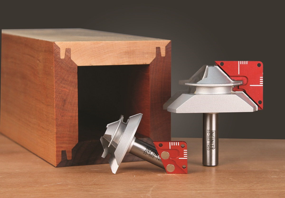 Torquata & Infinity Lock Mitre Router Bits & Setup Jigs creating precise 90° joints with minimal apex visibility