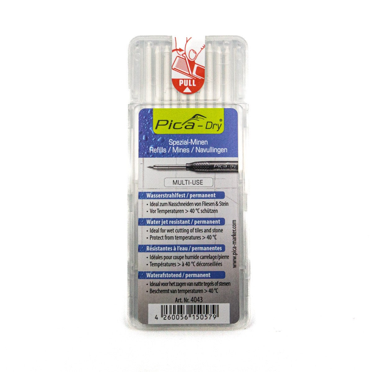 Pica Pack of 8 White Water Resistant Lead Refills for Dry Automatic Pencil on a wooden surface