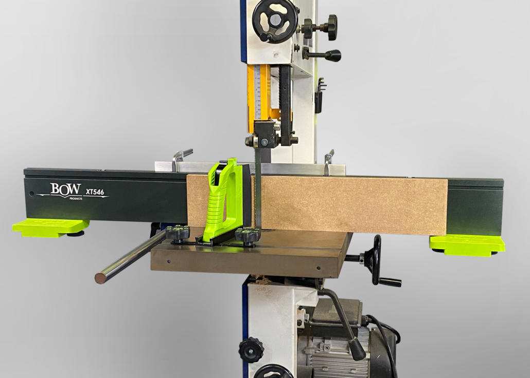 BOW Products 46in XT XTENDER Fence Starter Set in use on woodworking table with wood piece and precision control accessories