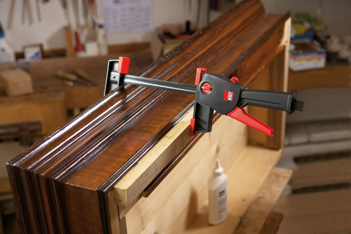 Bessey DuoKlamp set of 4 woodworking clamps, different sizes, angled view