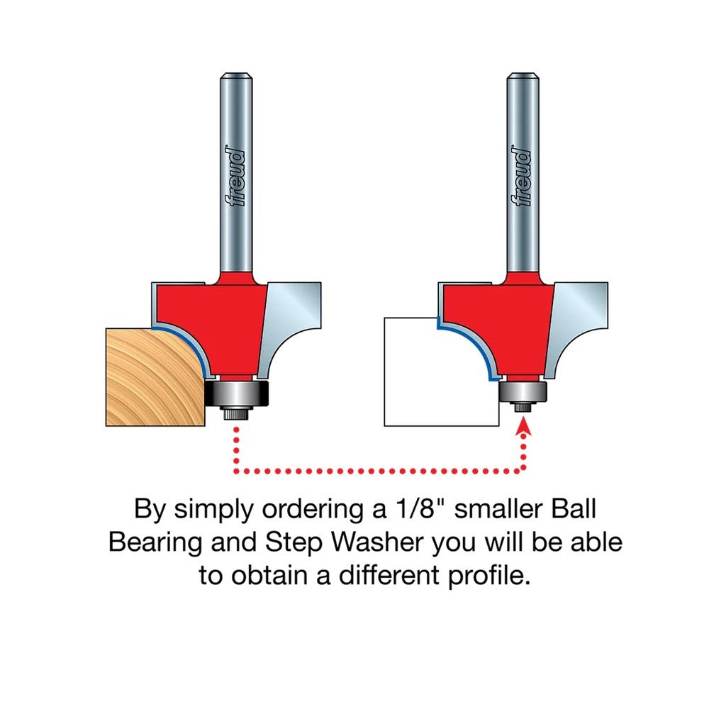 Freud Quadra-Cut Round Over Router Bits 1/4in Shank in use on a wooden edge