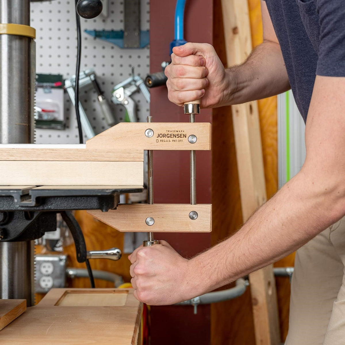 Pony Jorgensen 10in Hand Screw Clamp showcasing adjustable jaws for versatile woodworking applications