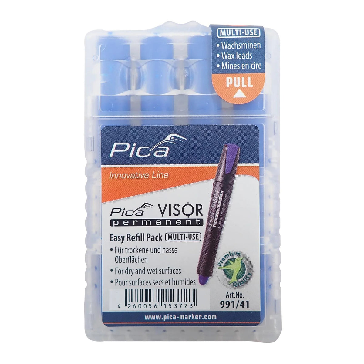 Blue refill for Pica Visor Permanent Marking Crayon, ideal for all surfaces, economical, and long-lasting performance