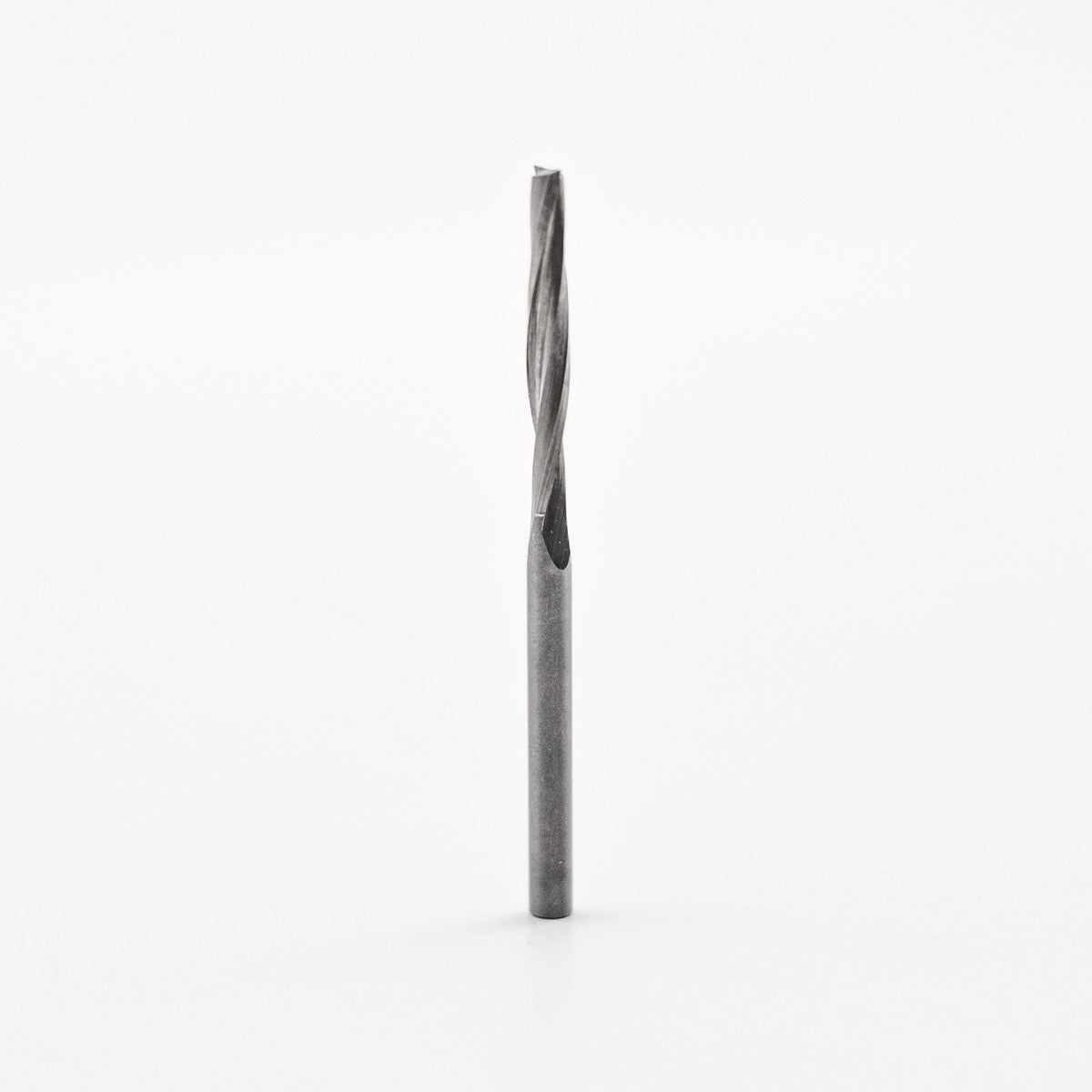 Torquata 3.2mm Twin-Flute Upcut Spiral CNC Router Bit in action on a material surface