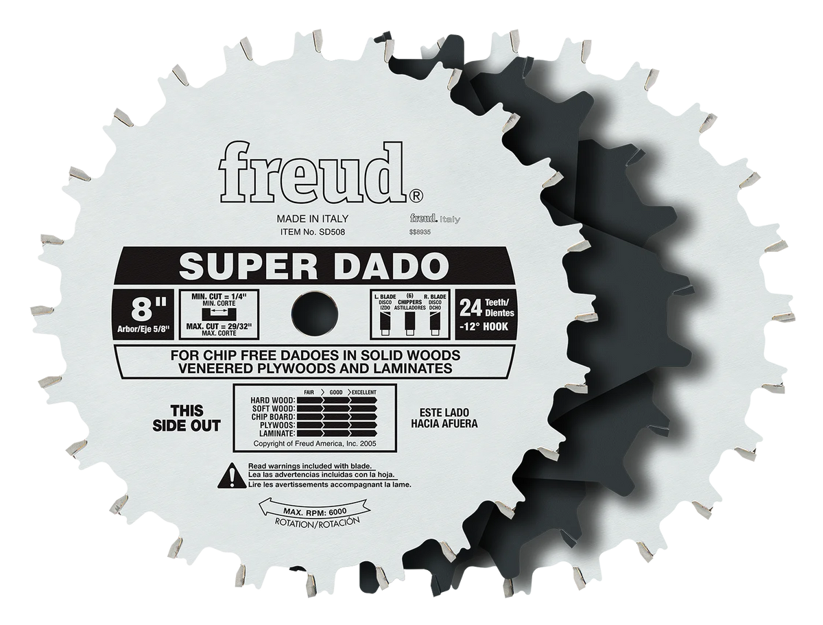 Freud 203mm Super Stacked Dado Set showcasing clean dado cuts in solid timber and composite materials