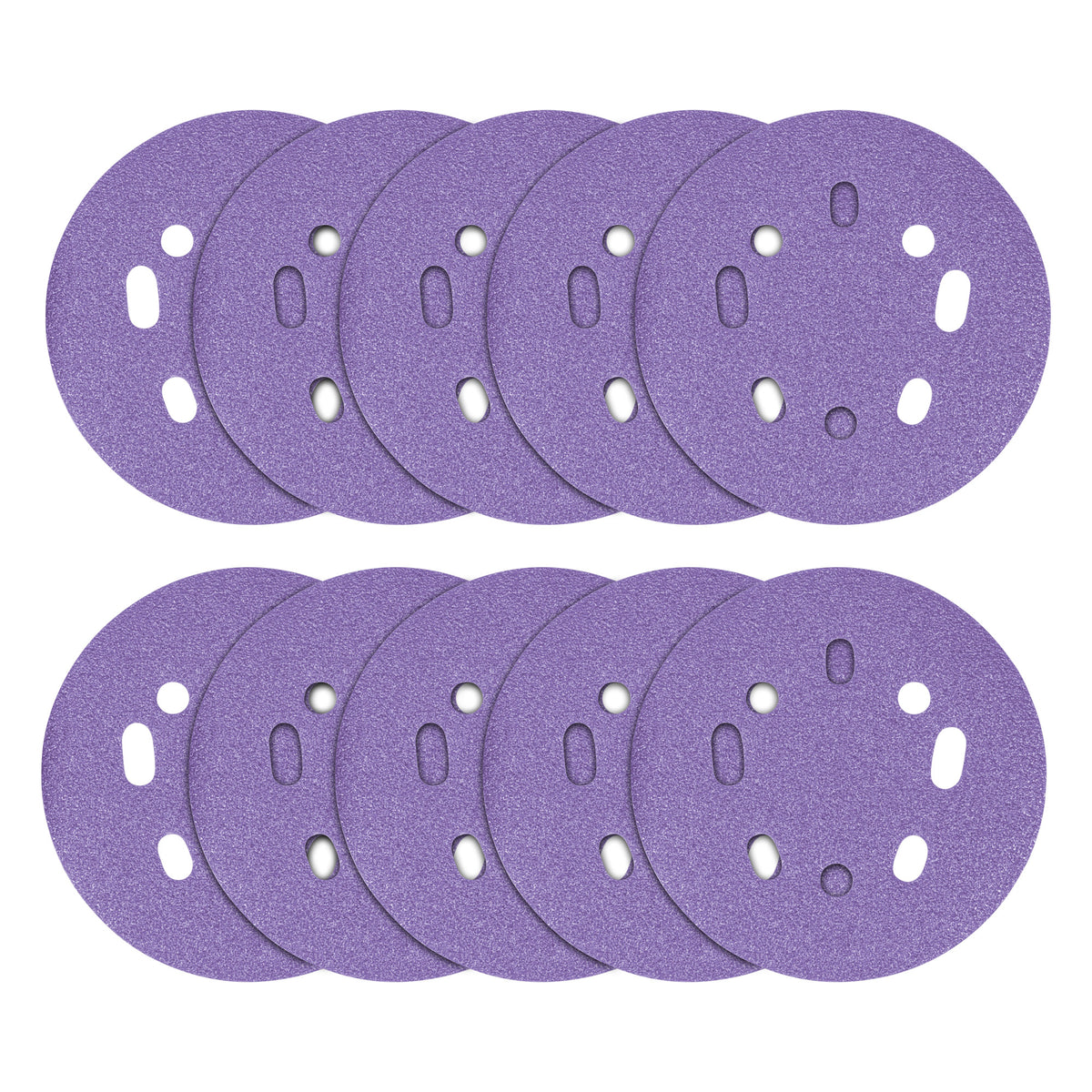 Multiple purple sanding discs with holes on a white background