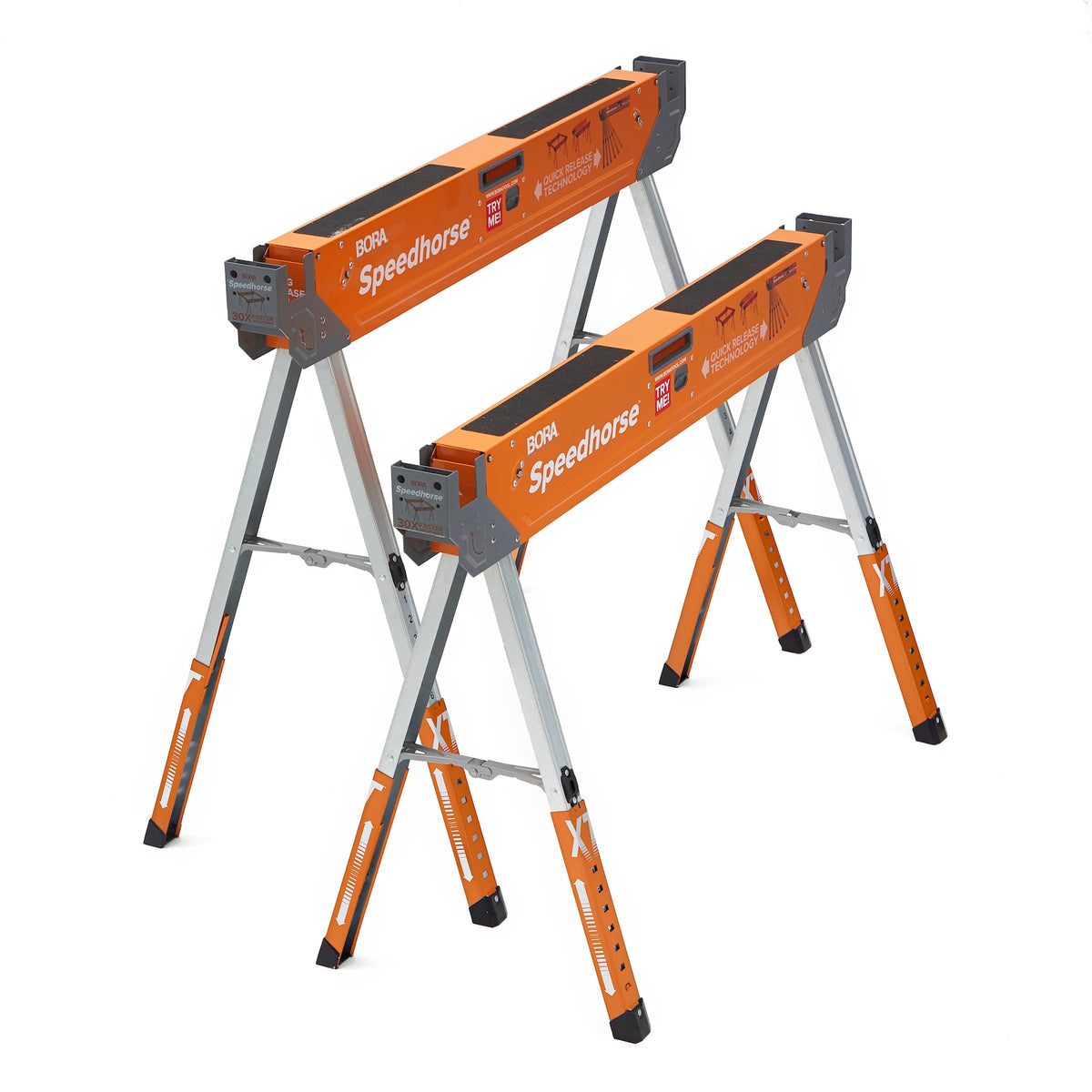 Adjustable Speedhorse XT sawhorse with extended legs - ideal for heavy-duty woodworking projects