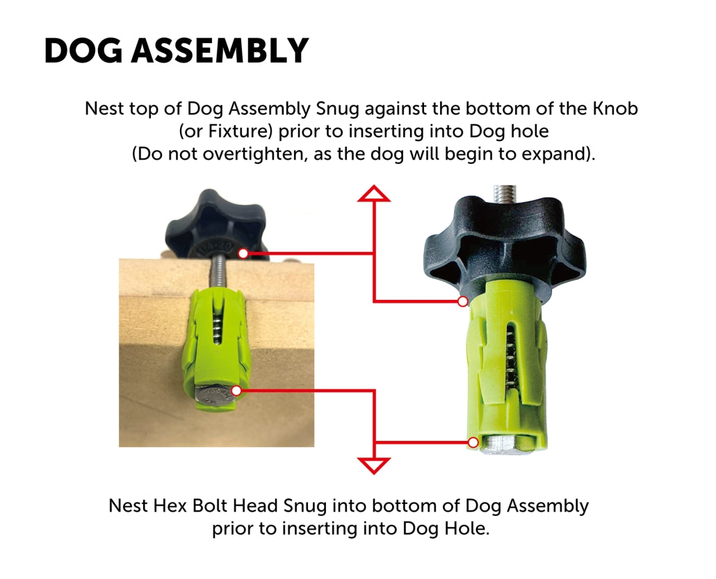 BOW Products Pack of Dogs Expandable Woodworking Bench Dogs in use on a workbench