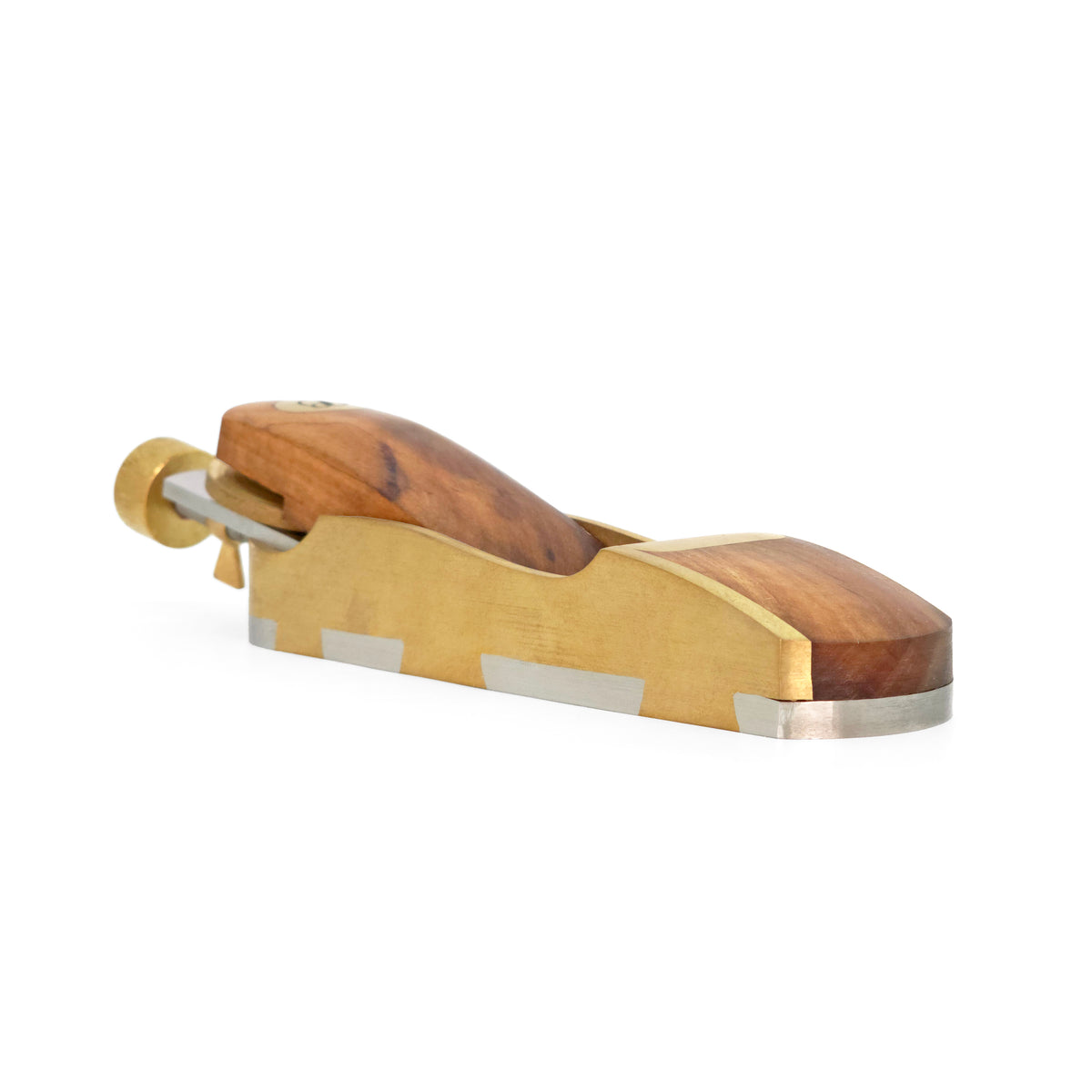 Ironbark Toolworks Infill Block Plane with v2 Adjuster and Mulga Inlay from an angle showcasing the detailed craftsmanship