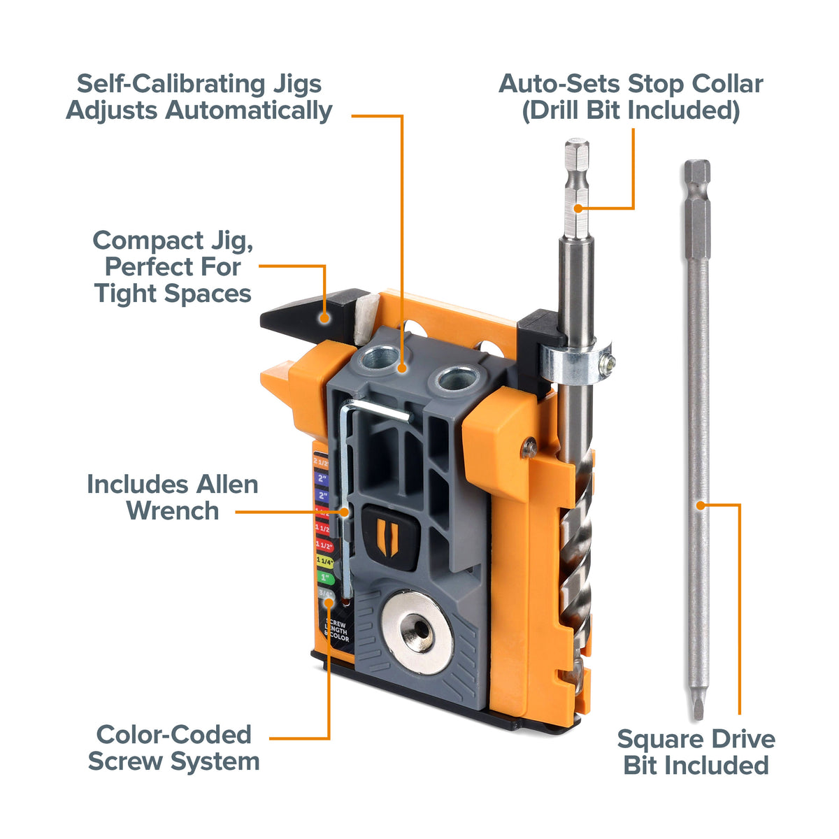 Compact self-adjusting pocket hole jig in action on wood piece, showing precise drilling angle