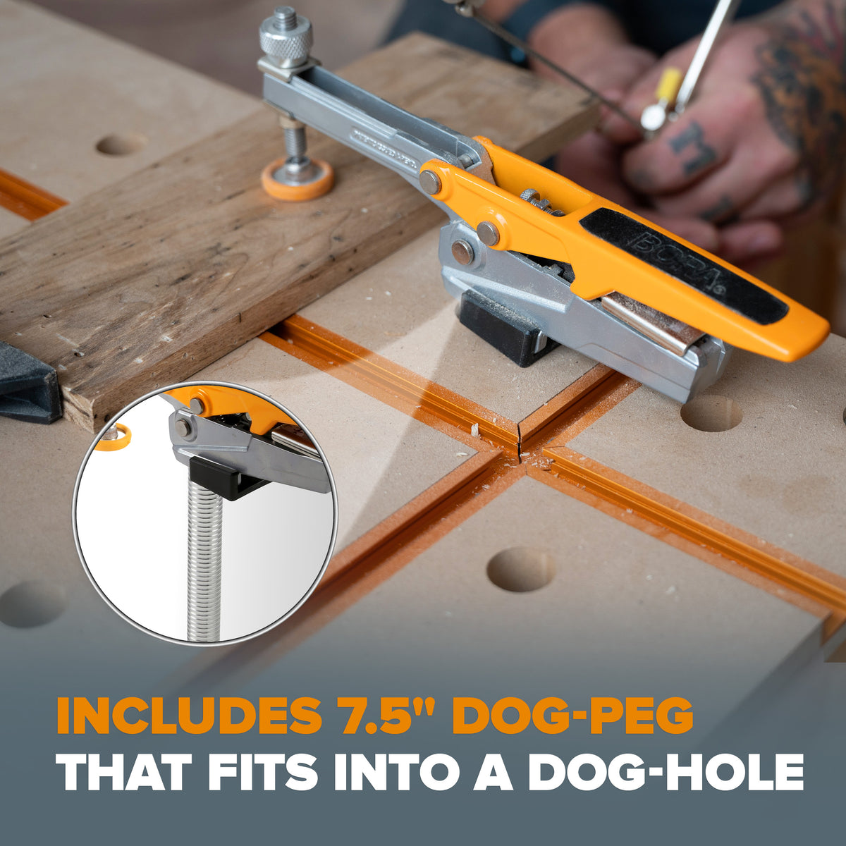 Toggle Clamp with 19mm bench dog post securely gripping into dog hole, providing 360-degree fast placement