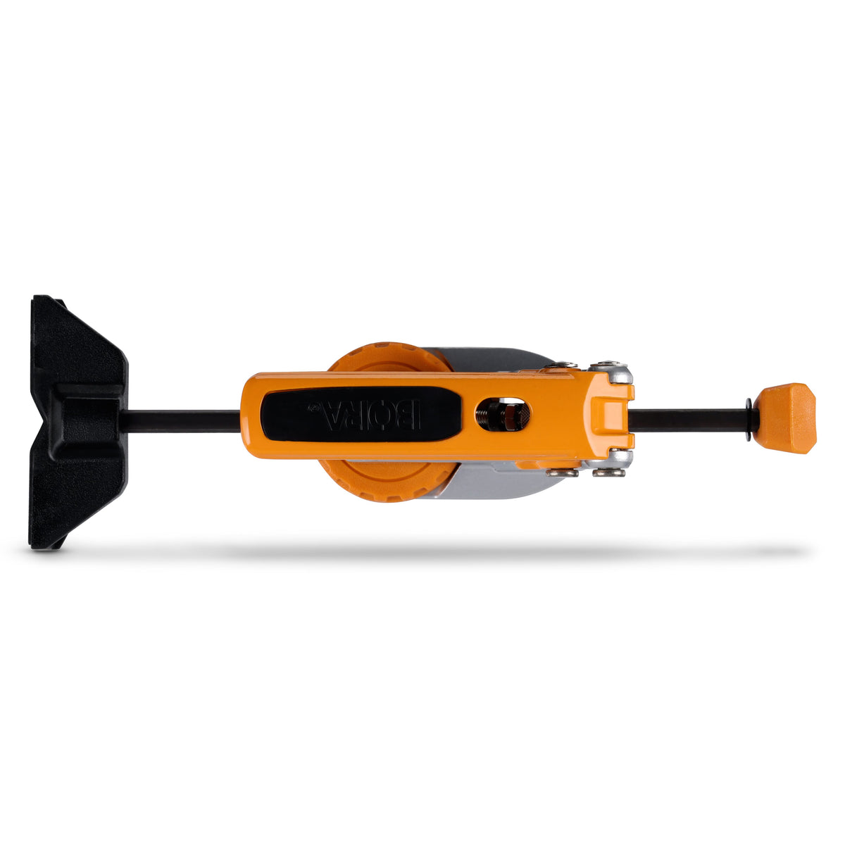 BORA Tool Dog Hole Auto Adjust Inline Toggle Clamp in action - versatile woodworking tool for unobstructed workpiece clamping