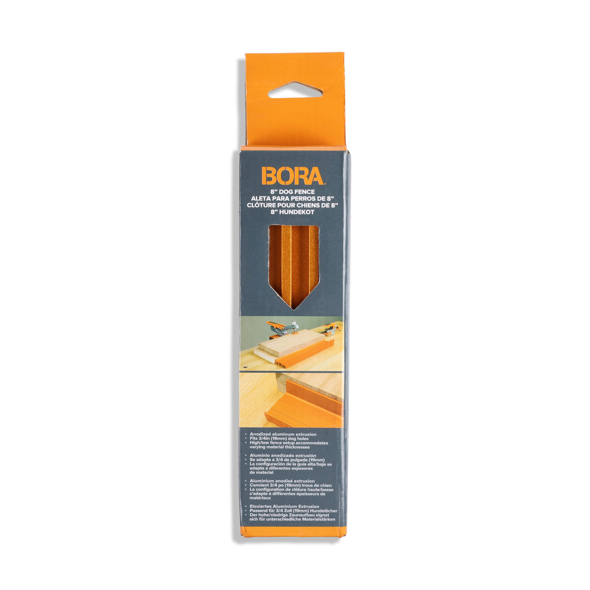 BORA Tool 8in Dog Hole Fence for 19mm holes, adjustable high and low sides for workpiece positioning and bracing