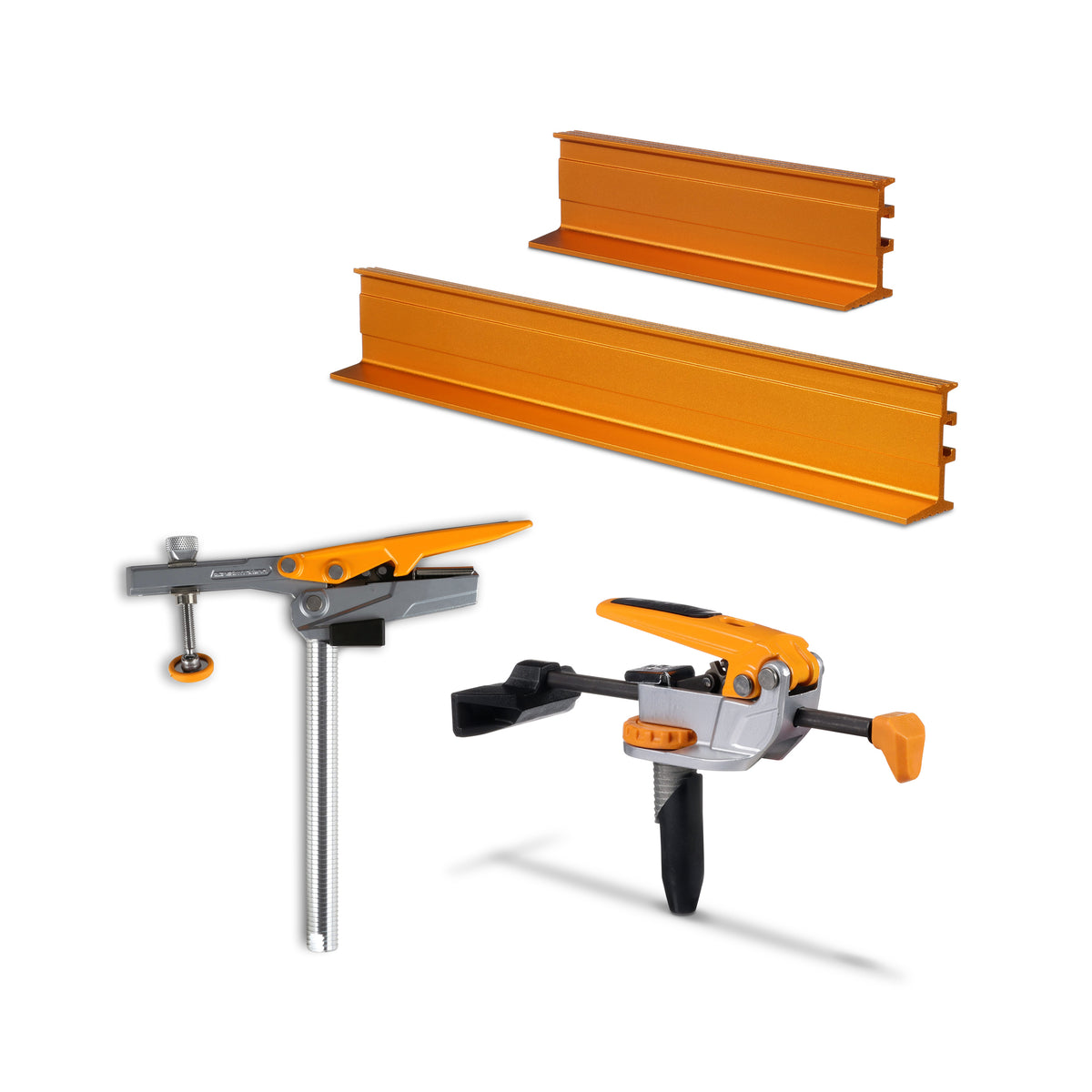 BORA tool product bundle with 8in adn 14in dog hole fences, and two dog hole clamps