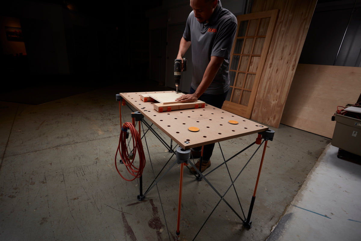 Australian-made BORA Centipede Work Stand 1200 x 1200mm in carry bag, providing flexible support for any job site or workspace