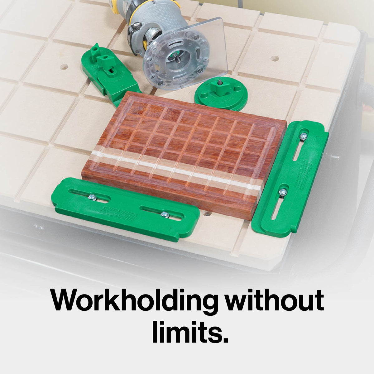 MicroJig MatchFit Ring Clamp 2-Piece Kit in-line Dovetail Clamps on dovetail track with twist-to-tighten cam mechanism